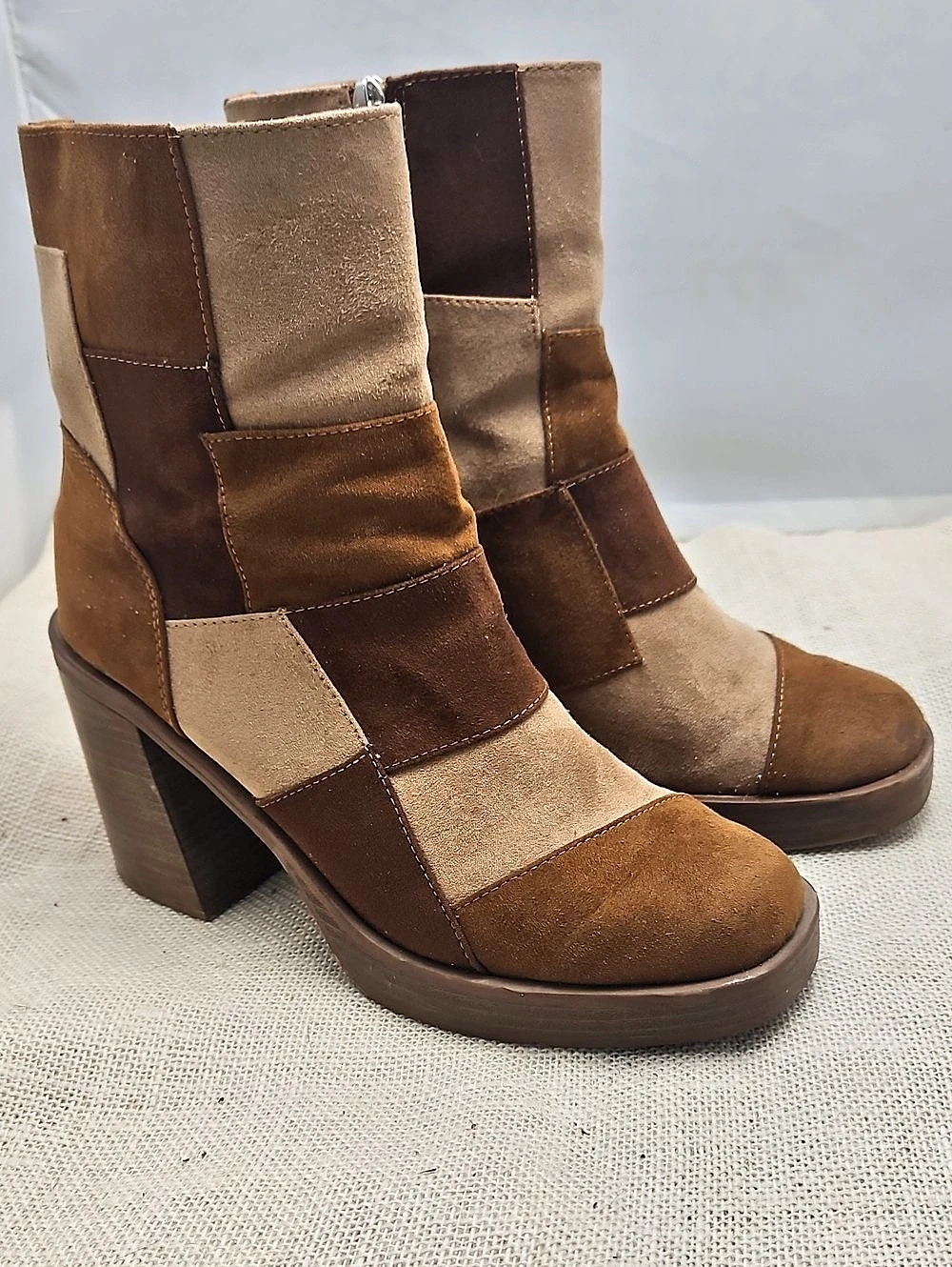 Color Block Heeled Ankle Boots in Brown & Beige